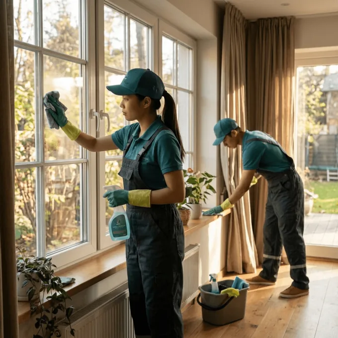 Two MelloMop cleaners cleaning large windows in a bright living room