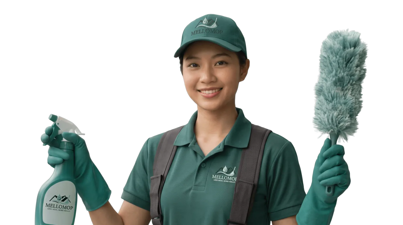 Smiling MelloMop cleaner holding a spray bottle and a duster