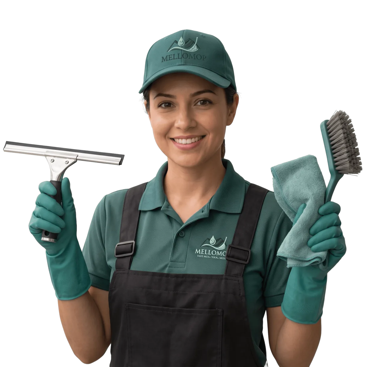 Smiling MelloMop cleaner holding a squeegee, a cloth and a brush