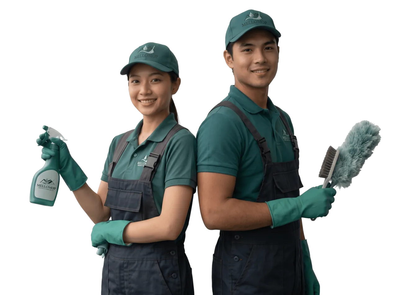 Two MelloMop cleaners in uniform holding cleaning supplies